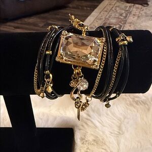 Gold and Black Multi-Strand Wrap Bracelet with Large Crystal Accent